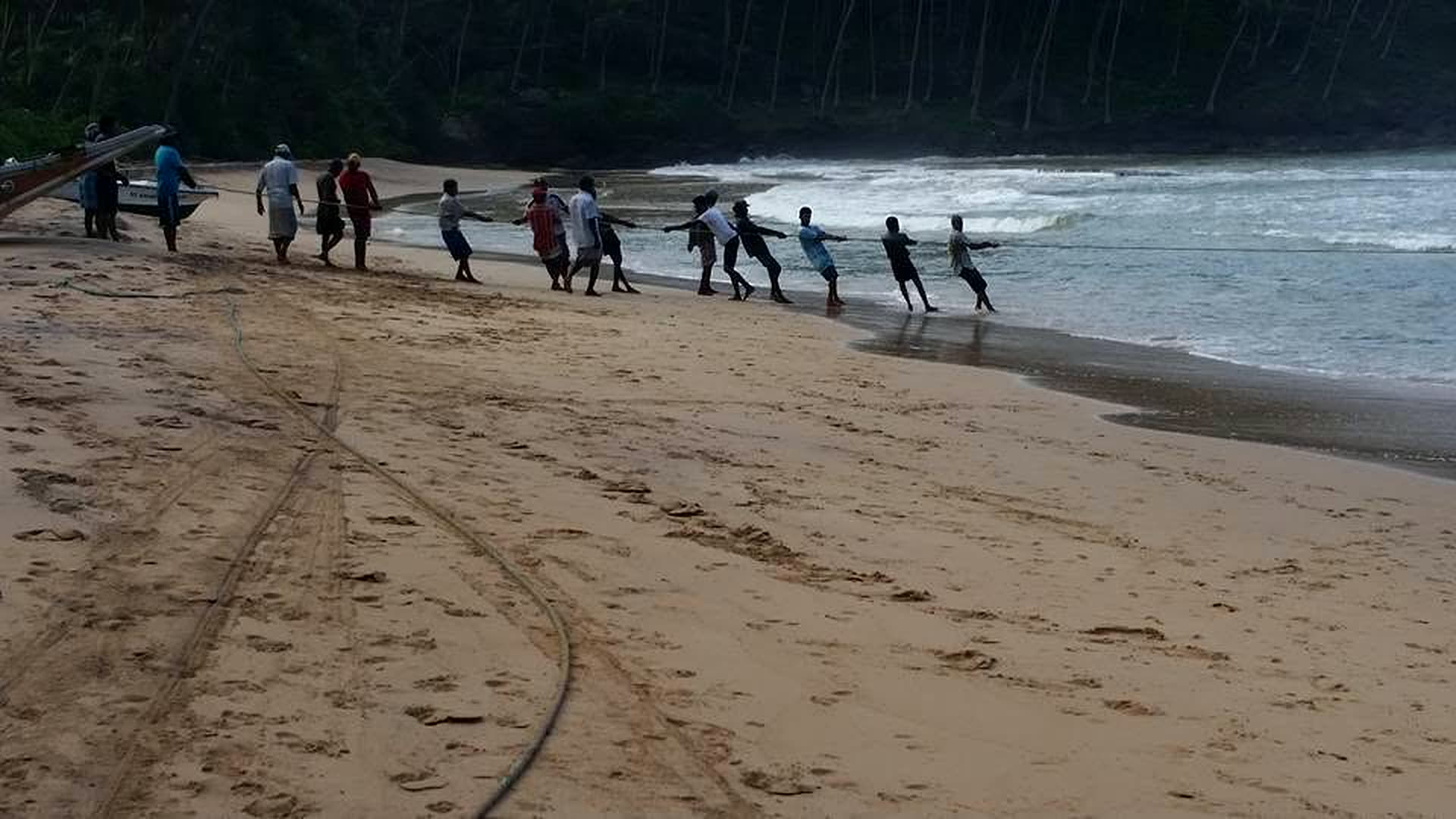 Fishermen pulling in a beach net